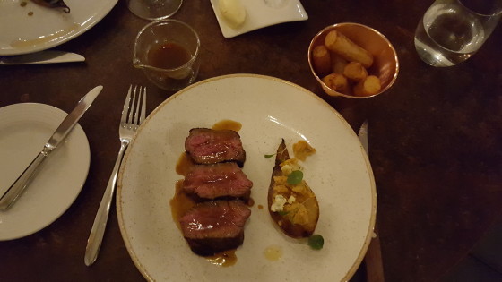 28 Day Aged Beef, Sirloin, Roasted Pear, Stilton and Cylindrical Cut Chips